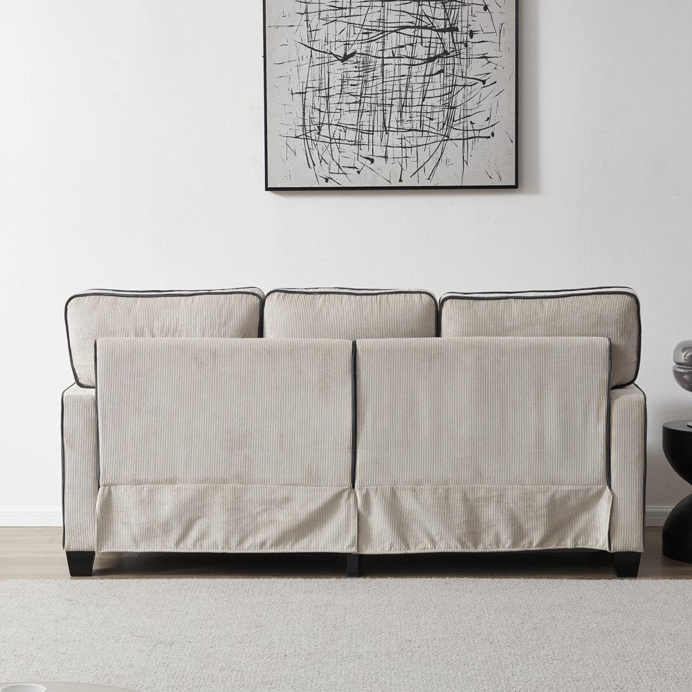 3-Seater Beige Corduroy Couch with 2 Removable Storage Space & Solid Wood Legs