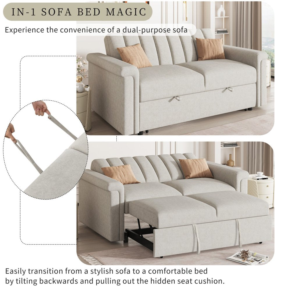 61.4'' Convertible Beige Corduroy Loveseats with Pull-Out Bed & Adjustable Backrest