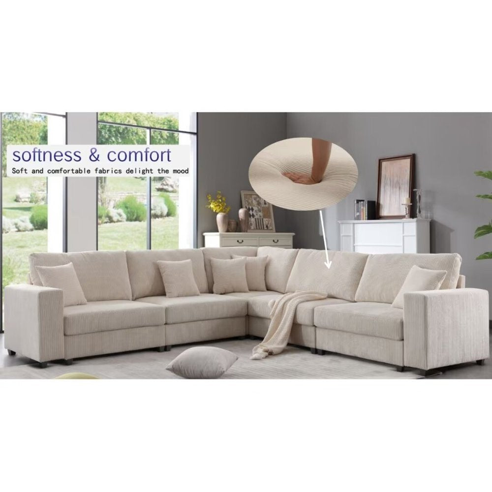 146.5" X 33.5" X 37" Oversized Modular Beige Corduroy Sectional Couch Set