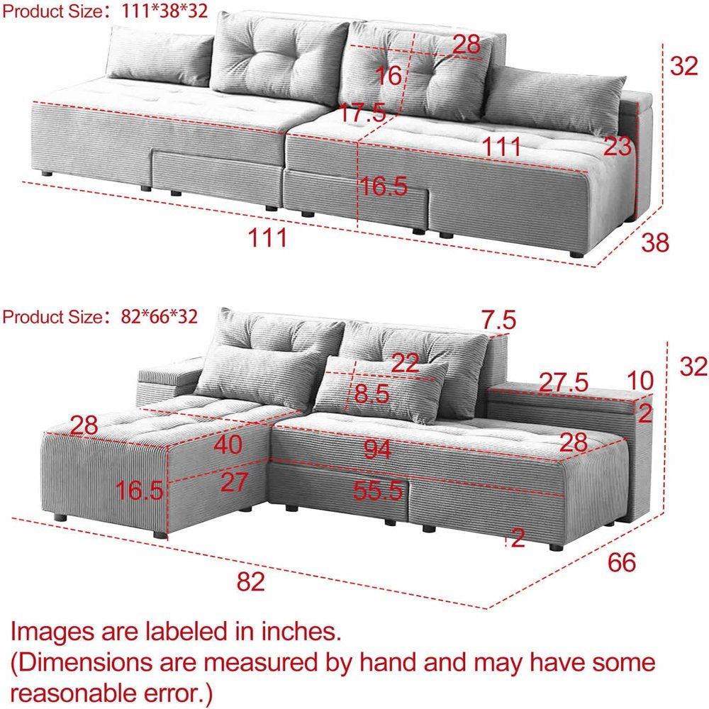 77''-111'' Wide 4 Seaters Beige Corduroy Sectional Couch with Pull Out Bed & 4 Pillows