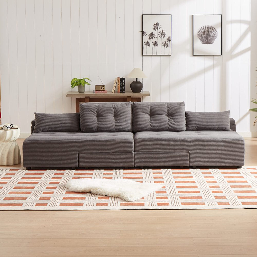 77''-111'' W Convertible L-Shaped Gray Corduroy Sectional Couch with 4 Storage Space