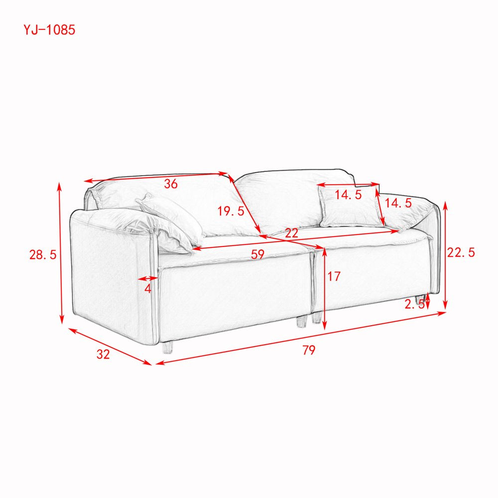 79" 3 Seater Modern Red Corduroy Couch, Solid Wood Frame with 2 Pillows