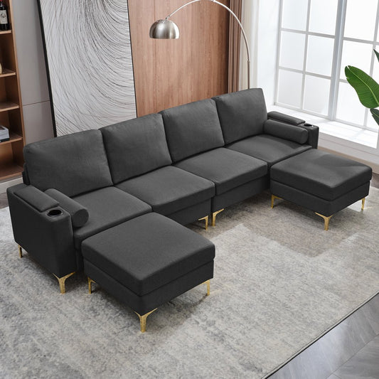 U-Shaped Dark Grey Oversized Corduroy Couch with Storage Ottoman