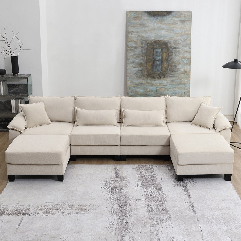 133*65" Modern Beige Corduroy Loveseats U-Shaped Couch with Armrest Bags