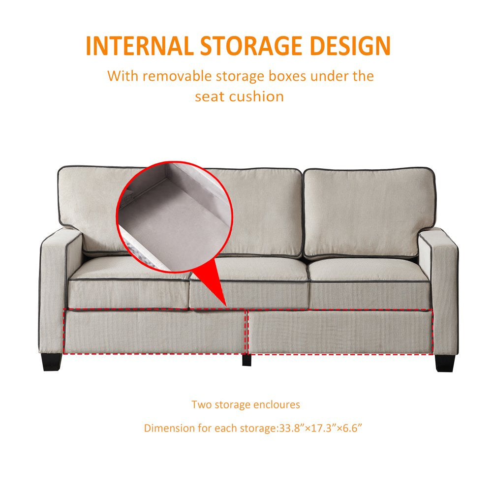 3-Seater Contemporary Beige Corduroy Couch with Hidden Storage Compartment