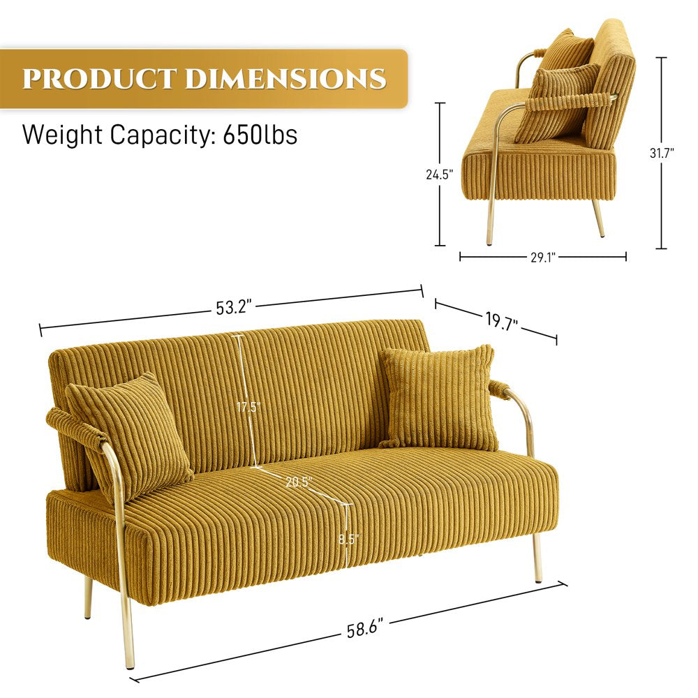 2-Seater Upholstered Modern Corduroy Loveseats with Gold Metal Legs & 2 Pillows