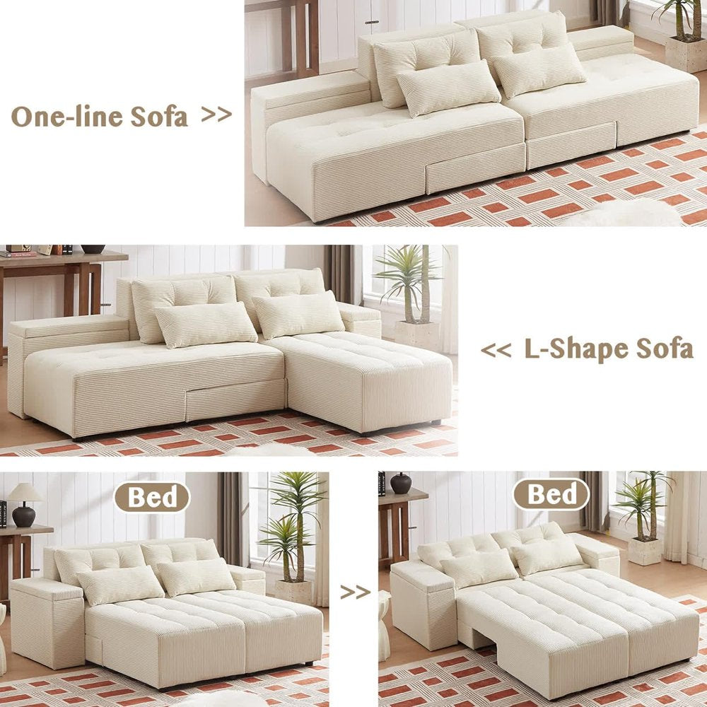 77''-111'' Wide 4 Seaters Beige Corduroy Sectional Couch with Pull Out Bed & 4 Pillows