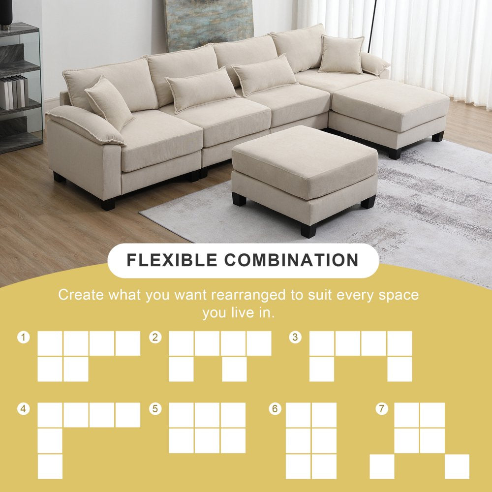 Versatile Modular U-Shaped Beige Corduroy Sectional Couch with Armrest Bags