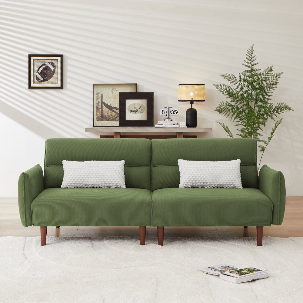 Convertible Green Corduroy Couch with 2 Pillows, Adjustable Backrest & USB Port