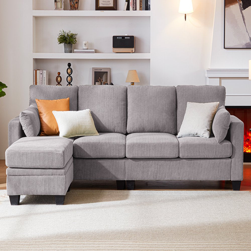 L Shaped 4-Seat Corduroy Sectional Couch with Chaise & Storage Ottoman