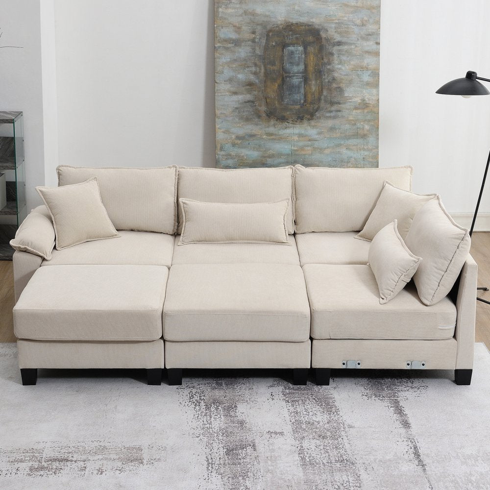 Versatile Modular U-Shaped Beige Corduroy Sectional Couch with Armrest Bags