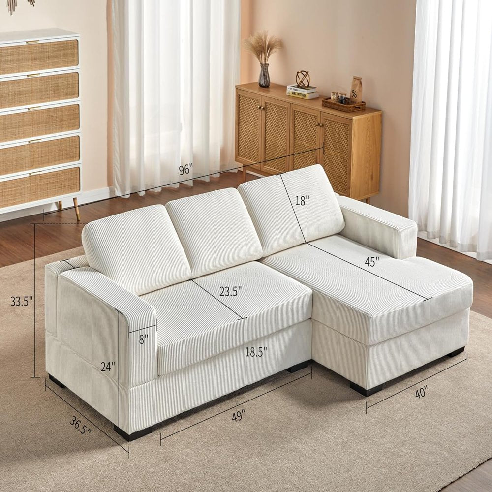 96 Inch Oversized Corduroy Sectional Couch with Right Chaise