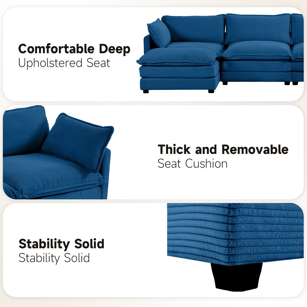 U-Shaped Convertible Navy Corduroy Sectional Couch with 2 Ottomans