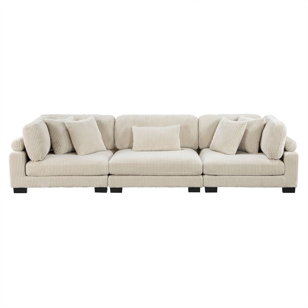 Traverse Upholstered Beige Corduroy Couch with Arm Rest