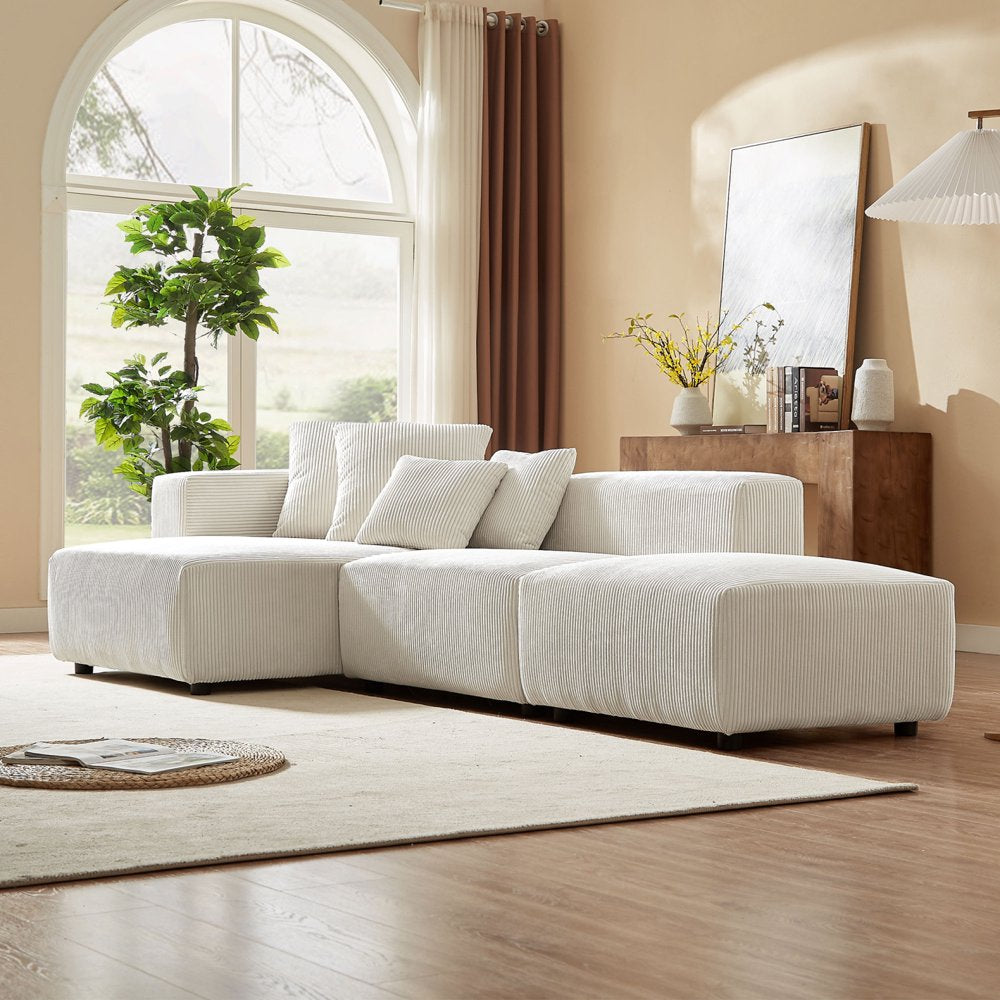 118" Modular L-Shaped Beige Corduroy Couch Set with Reversible Chaise