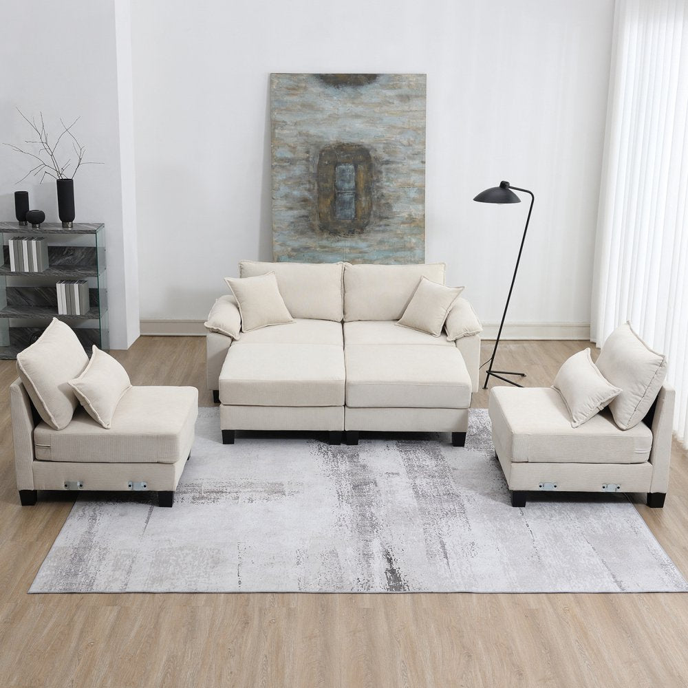 Versatile Modular U-Shaped Beige Corduroy Sectional Couch with Armrest Bags