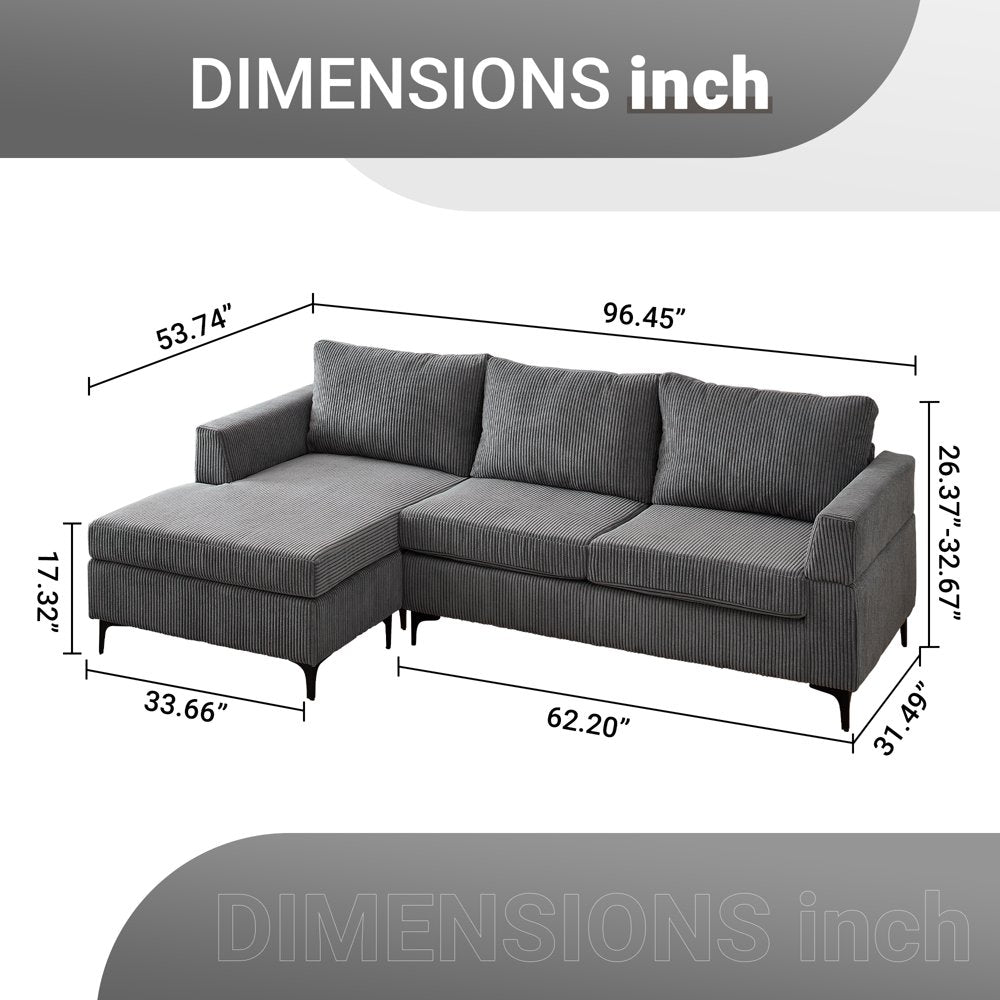 96" 3-Seat Convertible L-Shape Grey Corduroy Sectional Couch with Chaise & Metal Leg