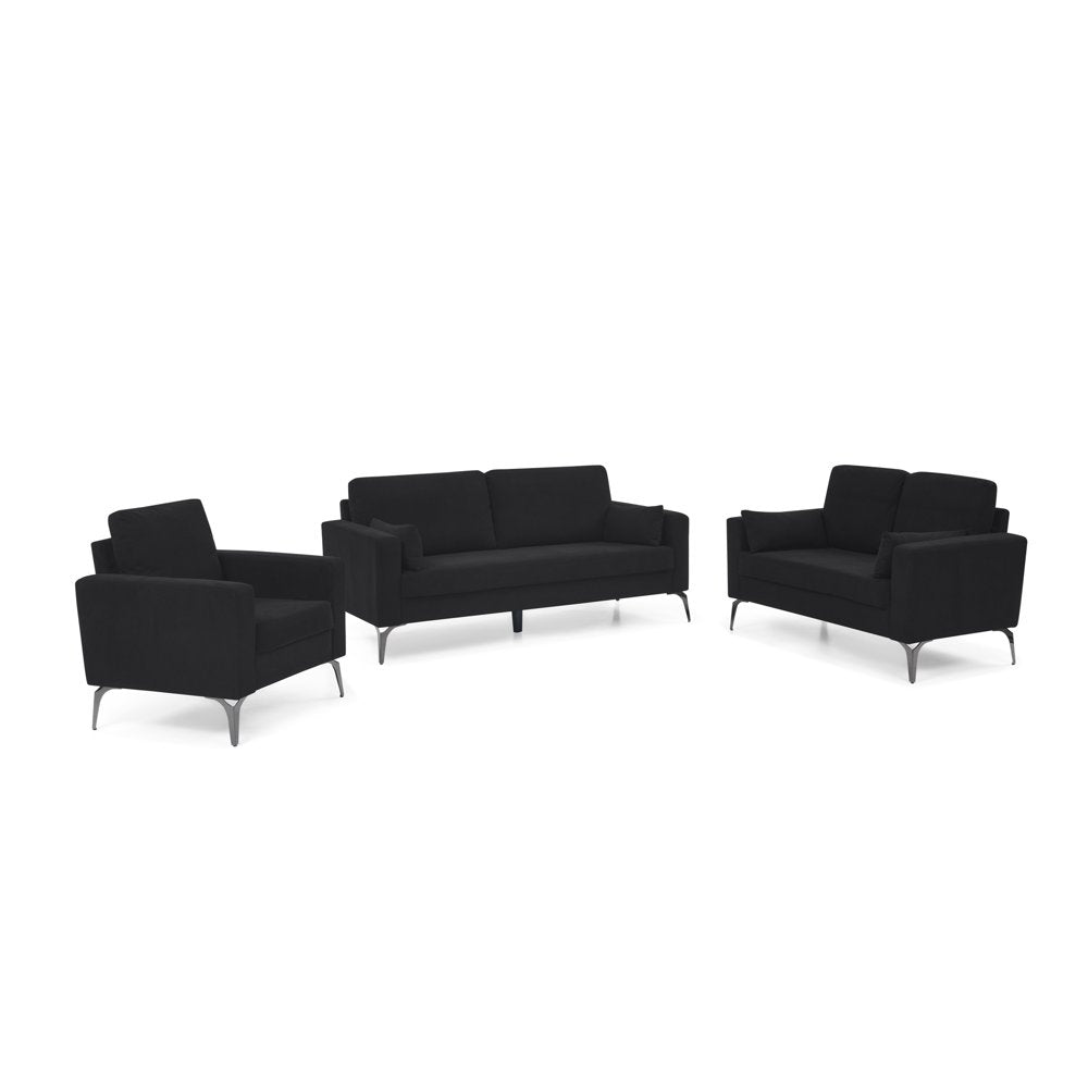 3-Piece Living Room Couch Set, 3-Seater Black Corduroy Couch with Two Small Pillows