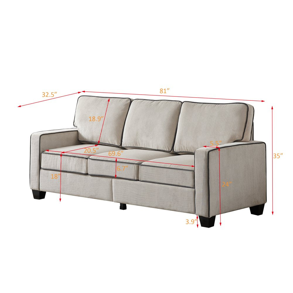 3-Seater Beige Corduroy Couch with 2 Removable Storage Space & Solid Wood Legs