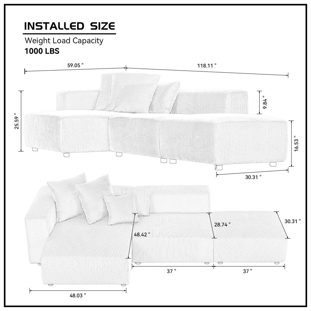 118" Modular L-Shaped Beige Corduroy Couch Set with Reversible Chaise