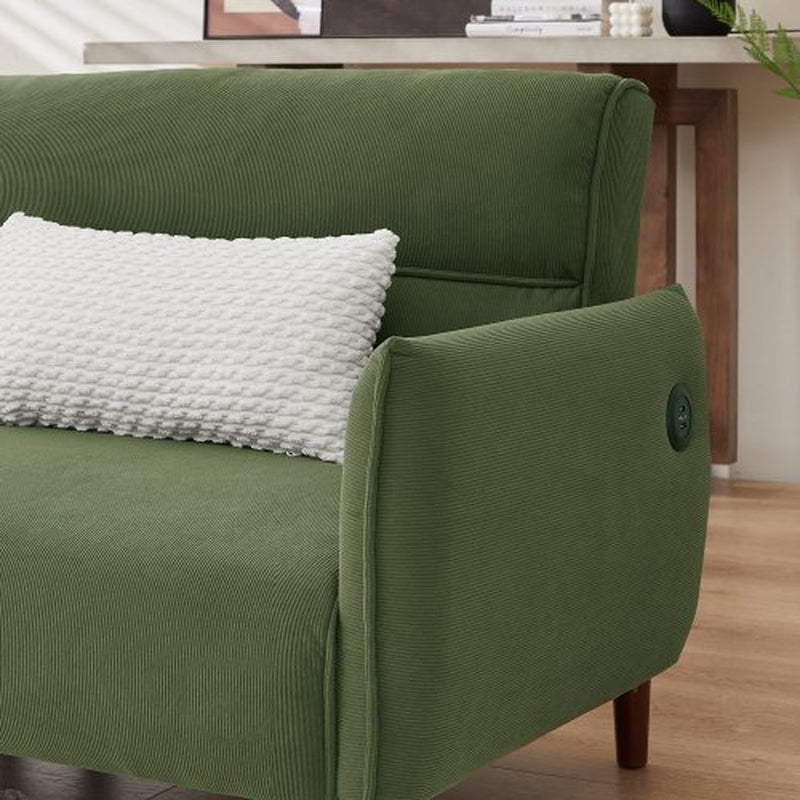 Convertible Futon Green Corduroy Couch with Wooden Legs & 2 Pillows