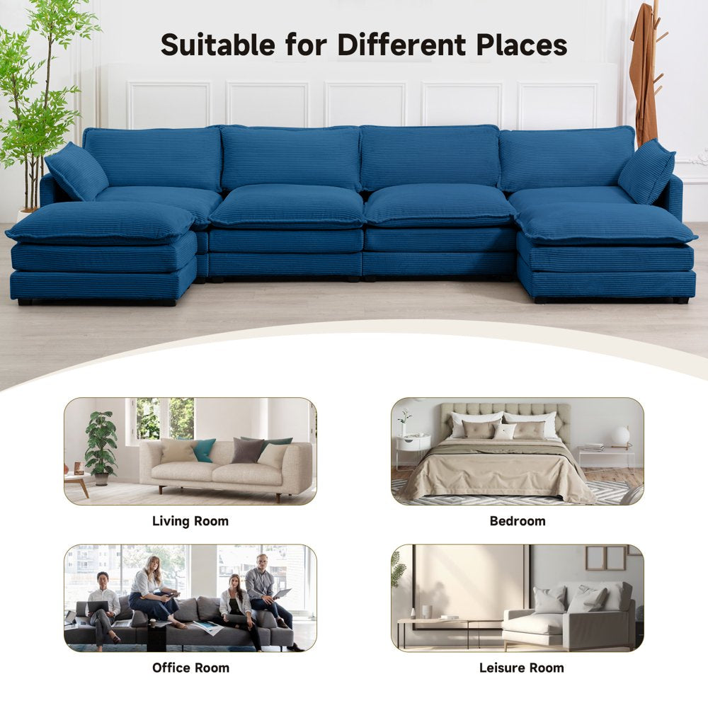 U-Shaped Convertible Navy Corduroy Sectional Couch with 2 Ottomans