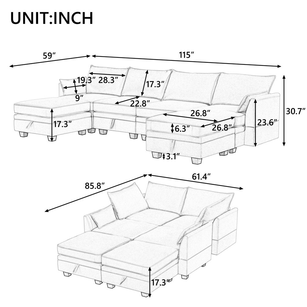 115" U/L Shaped, 6 Seat Convertible Oversized Corduroy Couch with Storage Seat