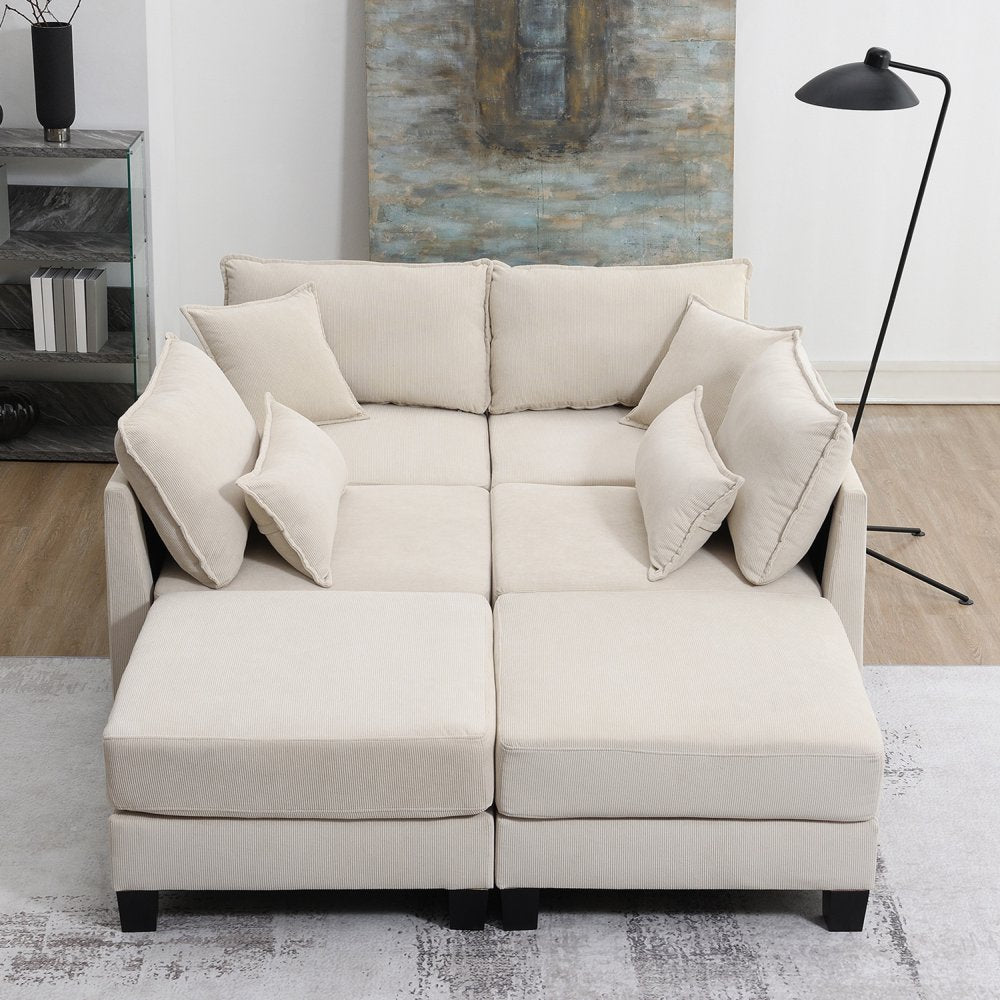 Versatile Modular U-Shaped Beige Corduroy Sectional Couch with Armrest Bags