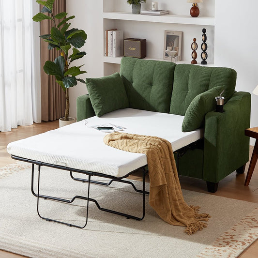 2-In-1 Convertible Green Corduroy Couch with USB Charging