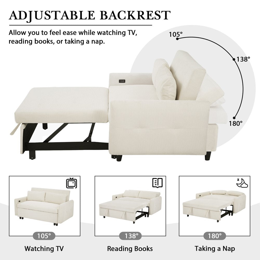 57.48" 2 Seat Convertible Beige Corduroy Loveseats with 2 Pillows & USB Ports