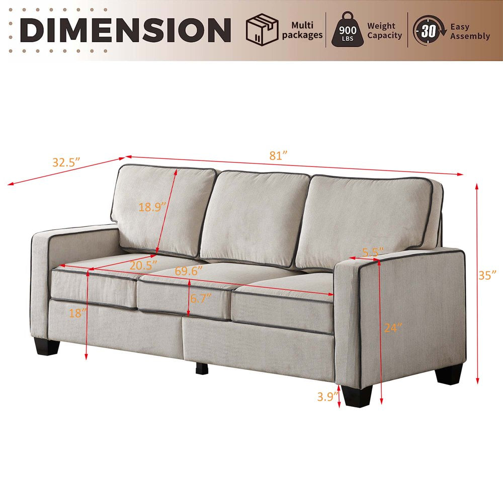 81" Wide Upholstered 3 Seater Beige Corduroy Loveseats with Storage