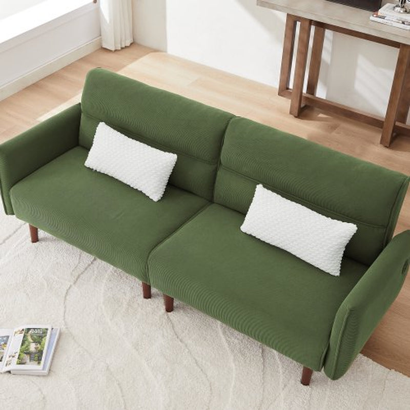 Convertible Futon Green Corduroy Couch with Wooden Legs & 2 Pillows