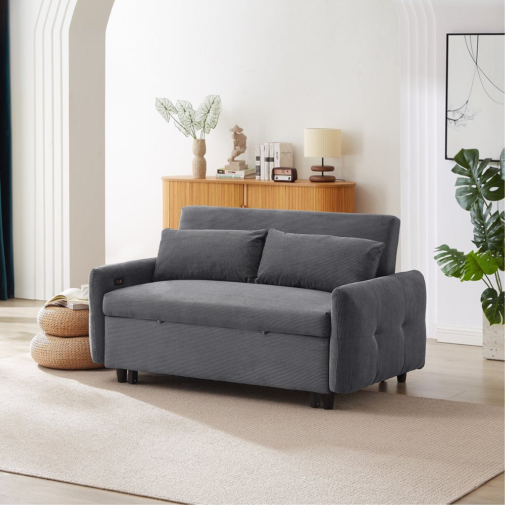 57.48" 2 Seat Modern Dark Grey Corduroy Loveseats with 2 Pillows & USB Ports