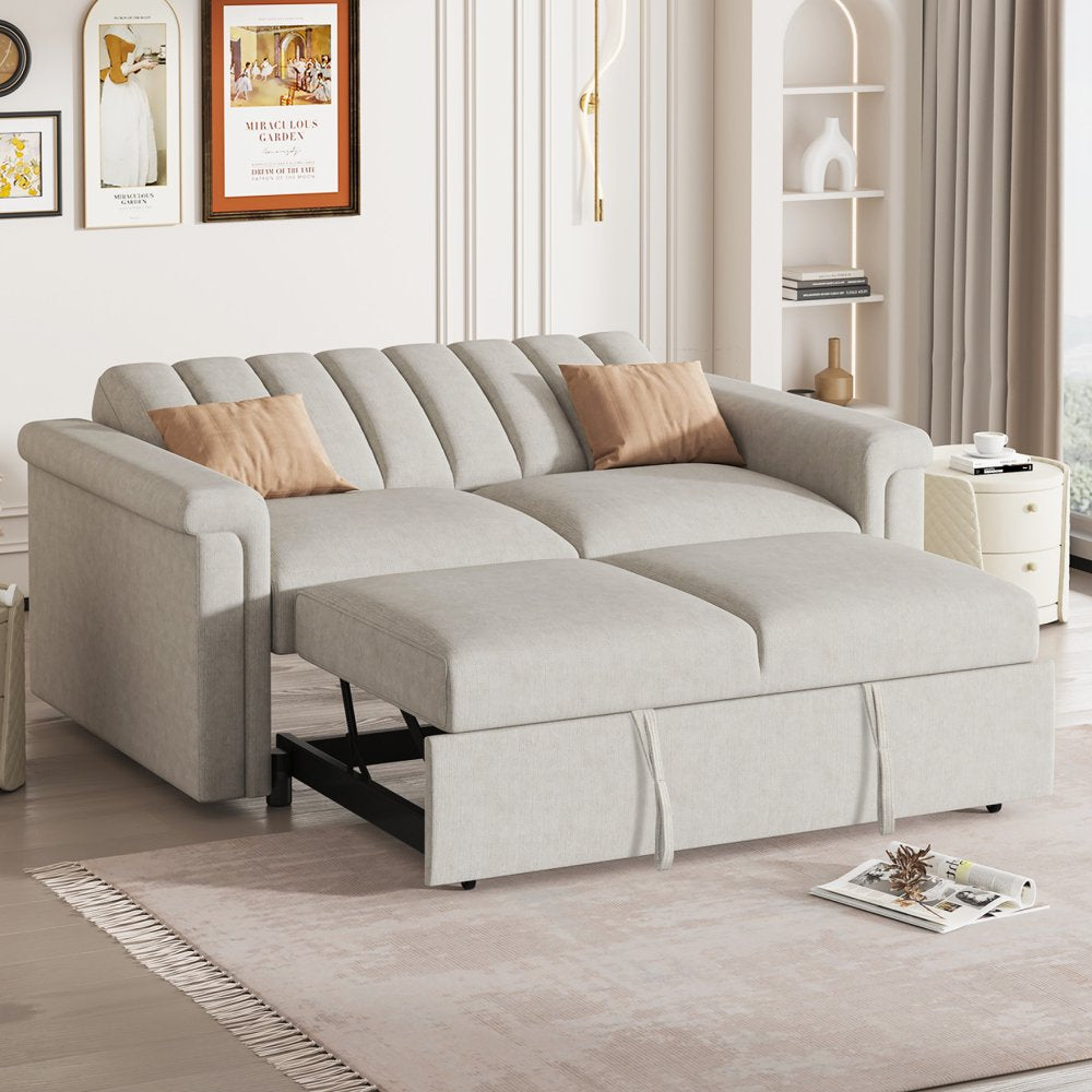 61.4'' Convertible Beige Corduroy Loveseats with Pull-Out Bed & Adjustable Backrest