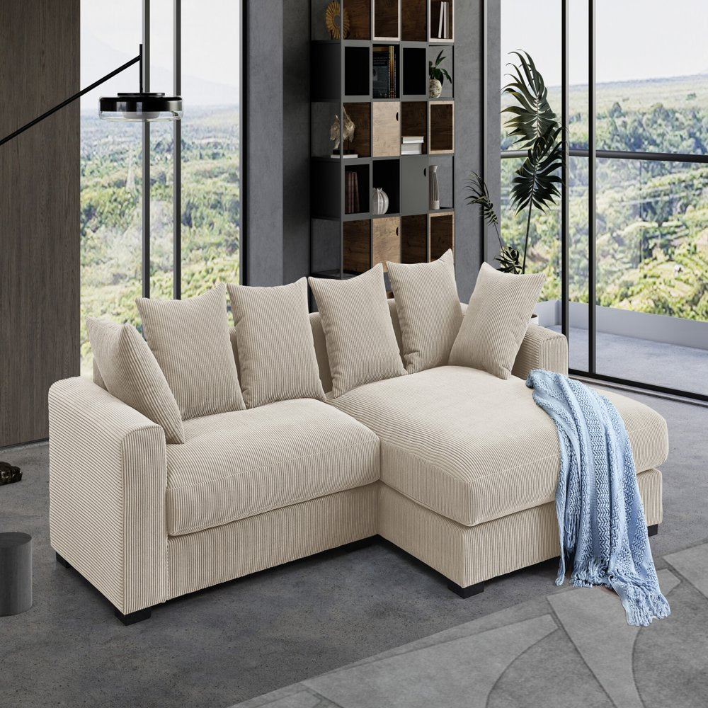 3-Piece Modern  L-Shaped Beige Corduroy Sectional Couch with 6 Pillows & 2 Armrests 