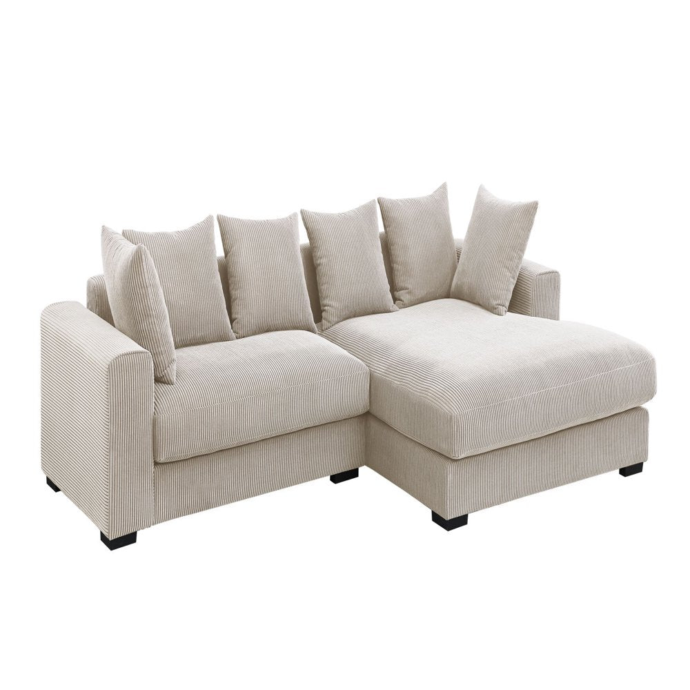 3-Piece Modern  L-Shaped Beige Corduroy Sectional Couch with 6 Pillows & 2 Armrests 