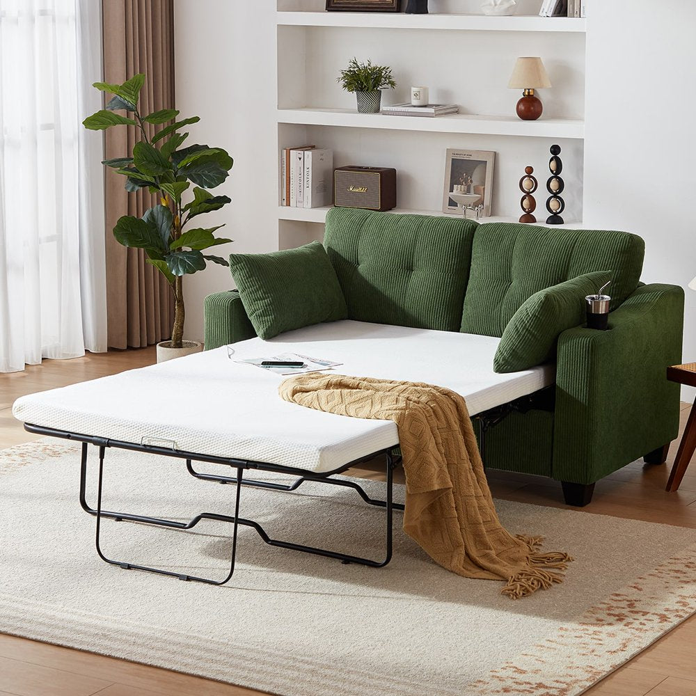 2-In-1 Convertible Green Corduroy Couch with USB Charging