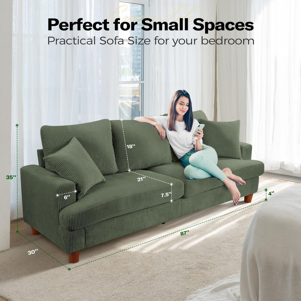 87" 3 Seater Green Corduroy Couch with Extra Deep Seats