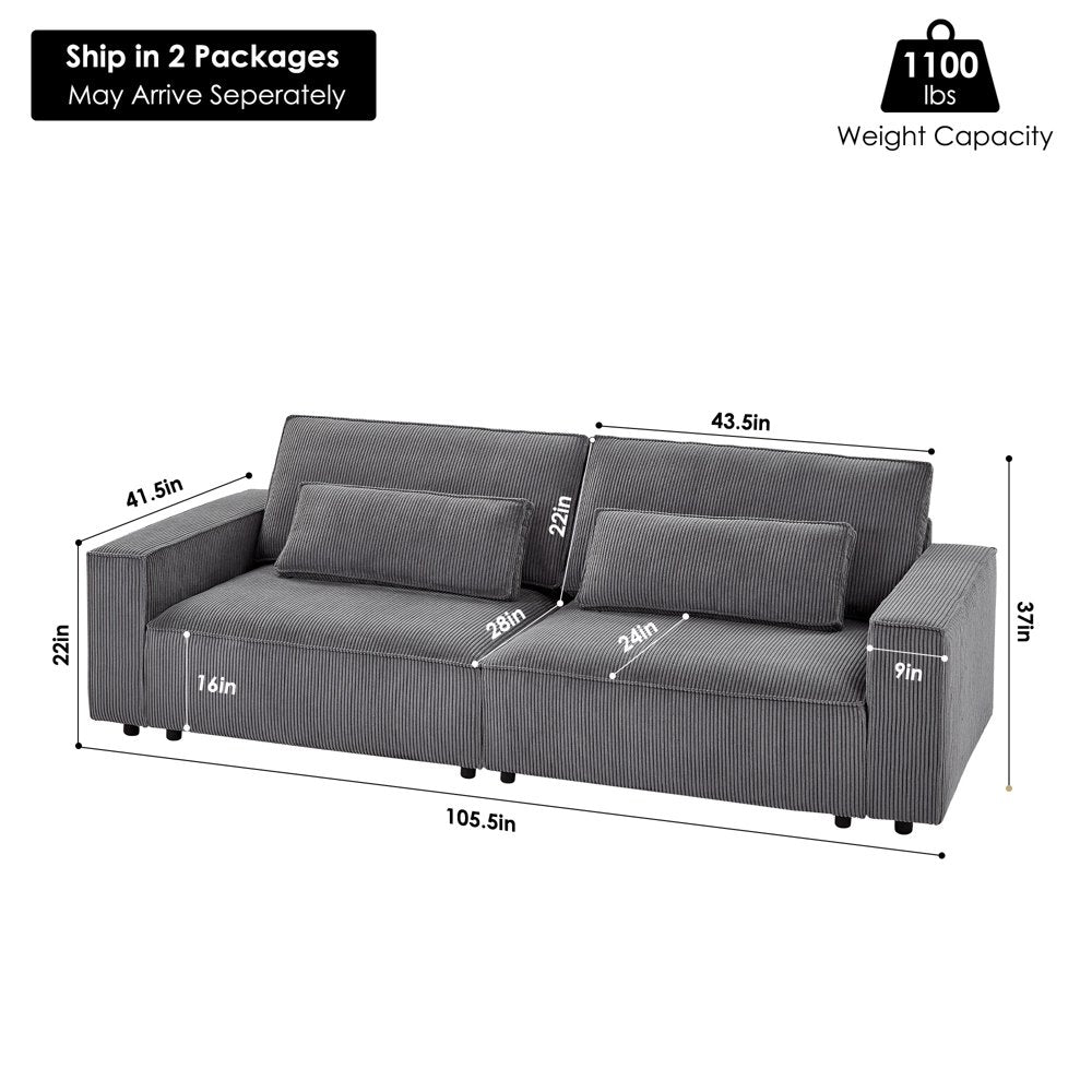 105.5" Modern Oversized Corduroy Couch with 9‘’ Wide Armrests & 28'' Deep Seat