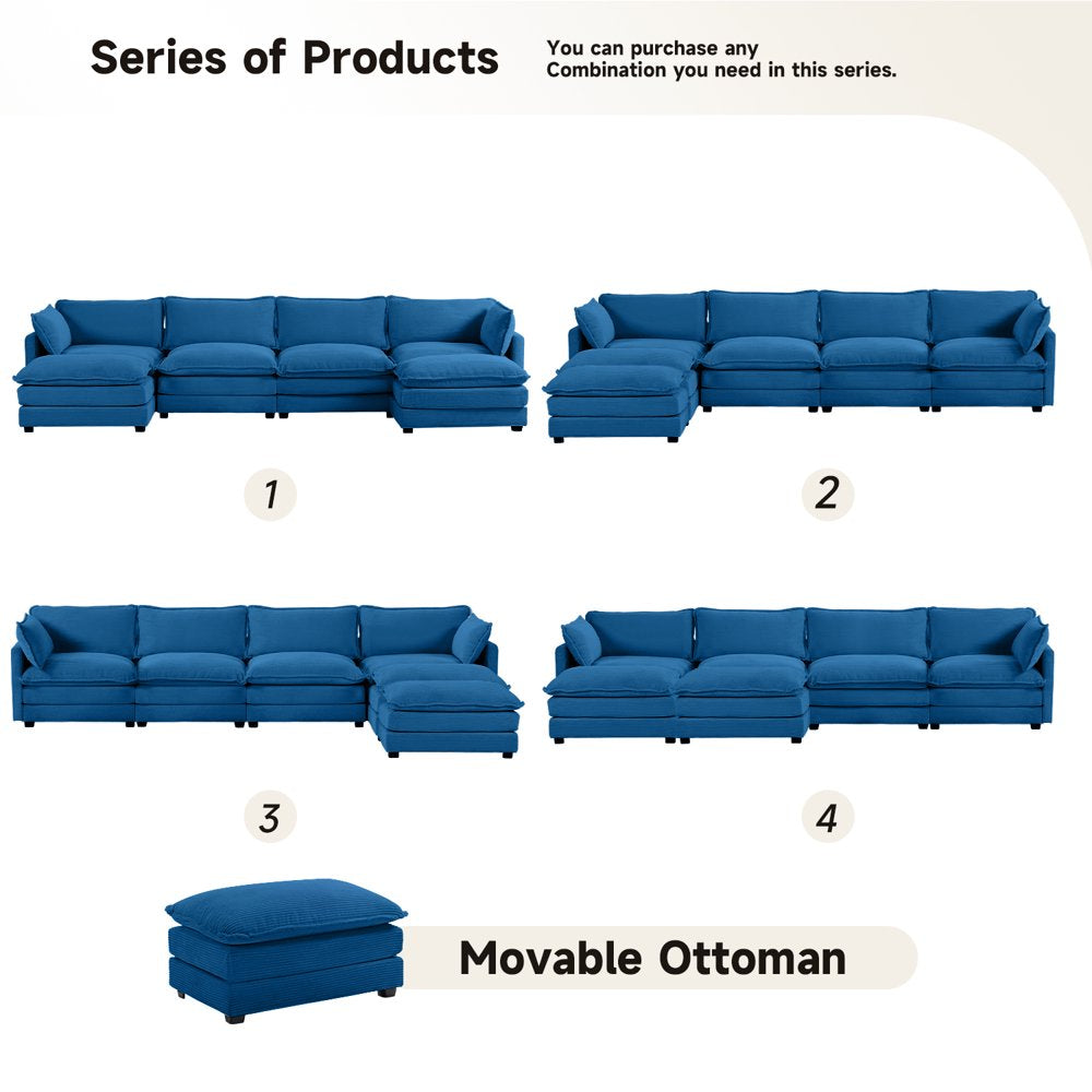 U-Shaped Convertible Navy Corduroy Sectional Couch with 2 Ottomans