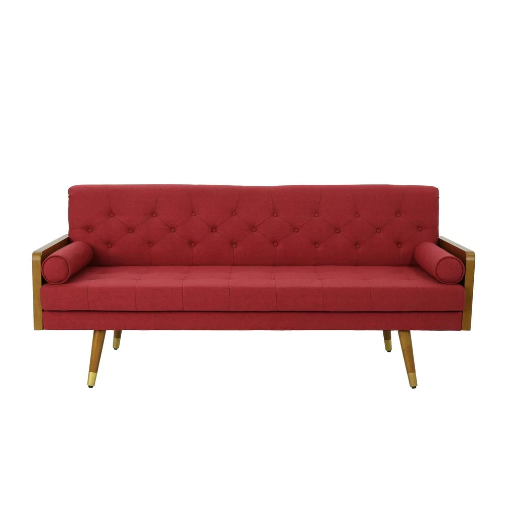 Mid Century Modern Tufted Red Corduroy Couch with Rolled Accent Pillows