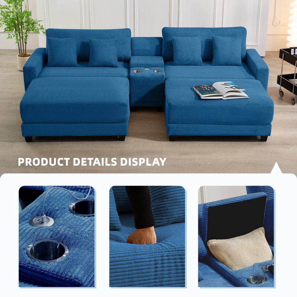 Modern U-Shape Oversized Corduroy Couch with 2 Ottoman