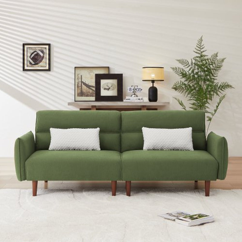 Convertible Futon Green Corduroy Couch with Wooden Legs & 2 Pillows