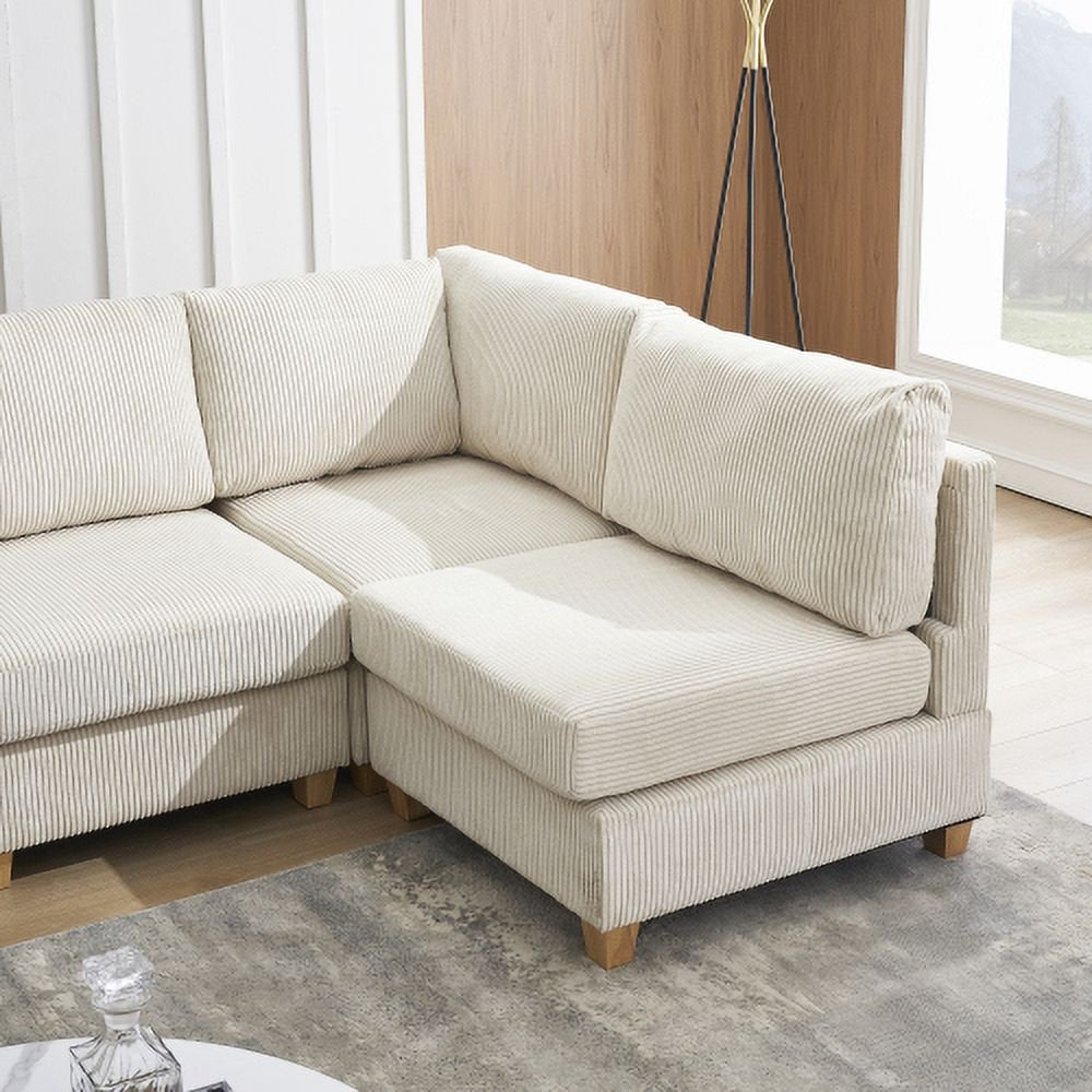 Modern L-Shaped 4-Seat Sofa Couch Convertible Sectional Corduroy Upholstered Sofa 126", Beige - Corduroy Sectional Couch