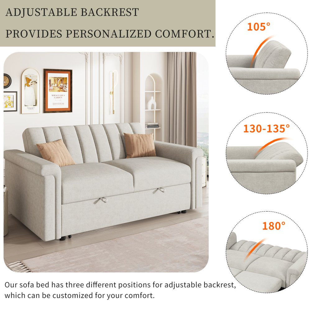 61.4'' Convertible Beige Corduroy Loveseats with Pull-Out Bed & Adjustable Backrest