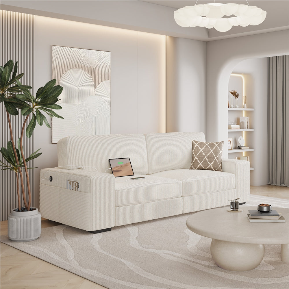 83.5'' W 2-Seater Modern Ivory Corduroy Couch Set with USB Charging Ports