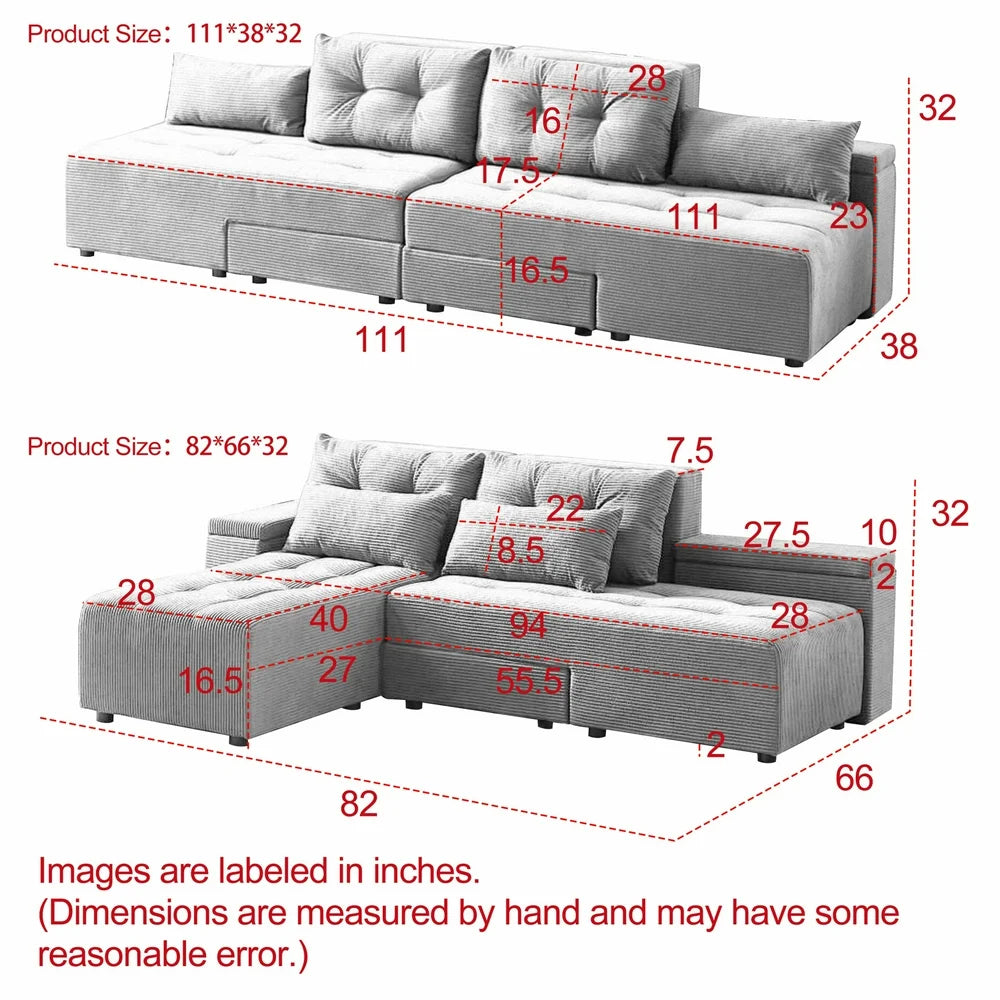 77''-111'' W Convertible L-Shaped Gray Corduroy Sectional Couch with 4 Storage Space