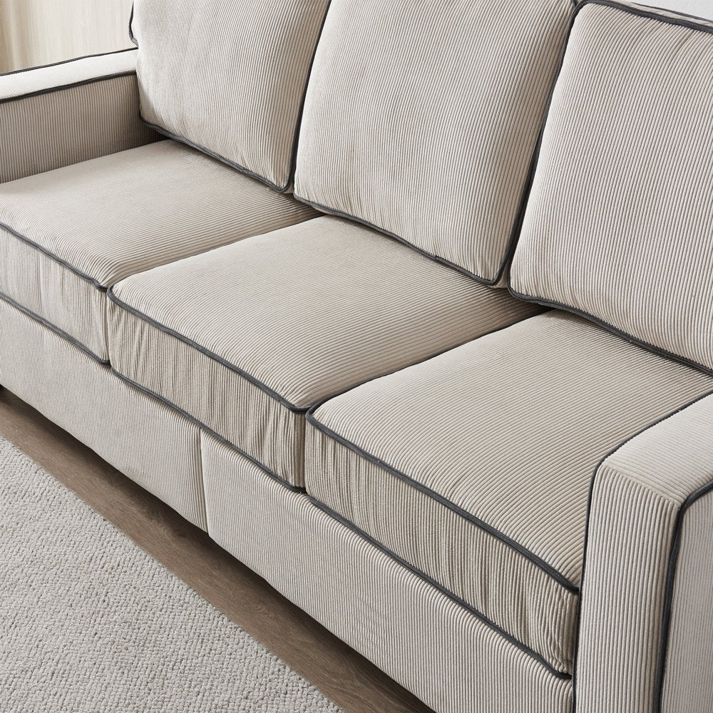 3-Seater Beige Corduroy Couch with 2 Removable Storage Space & Solid Wood Legs